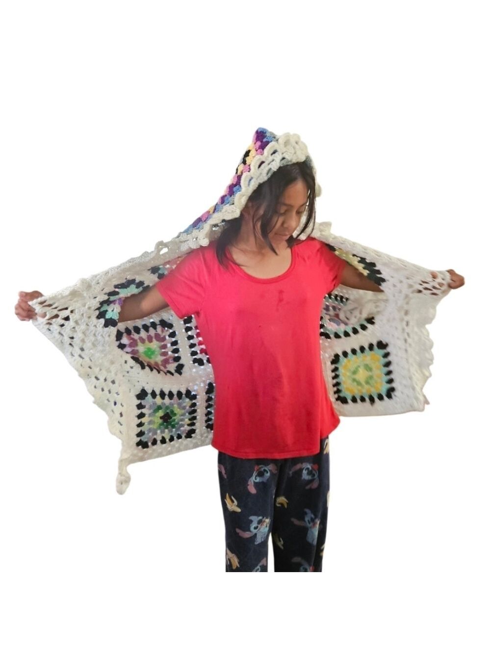Hand Crafted Crochet Granny Square Cardigan open front Hooded Colorfull Sweater - Picture 14 of 17